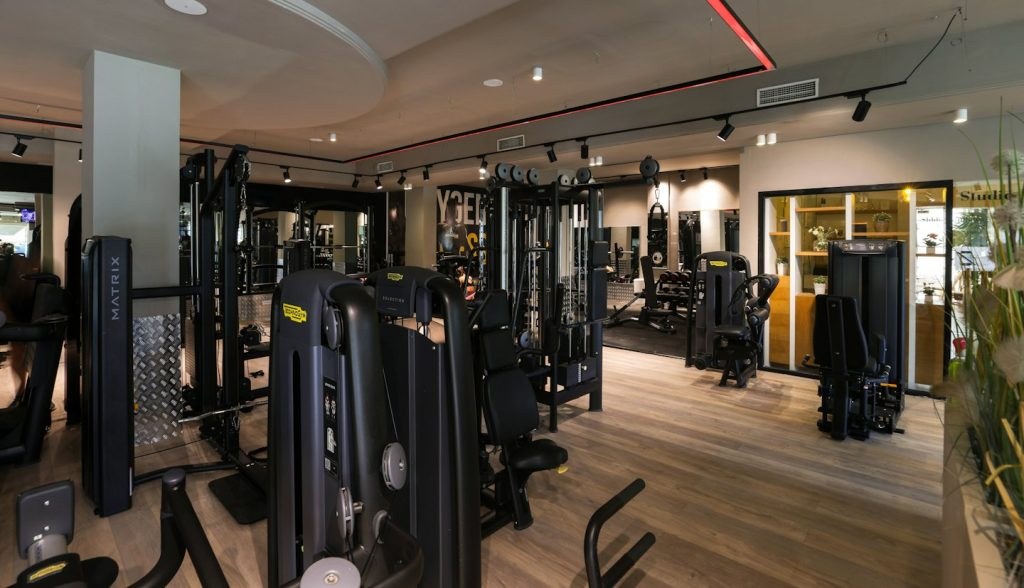 Modern gym interior with professional weight machines and exercise equipment