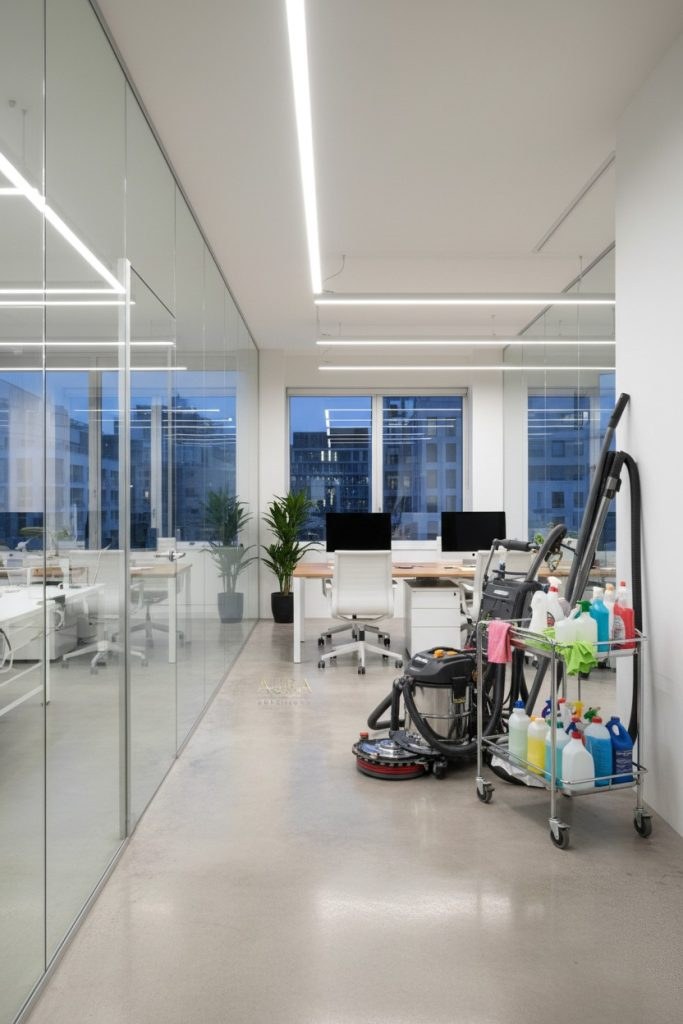 Glass-walled office corridor with a cleaning cart
